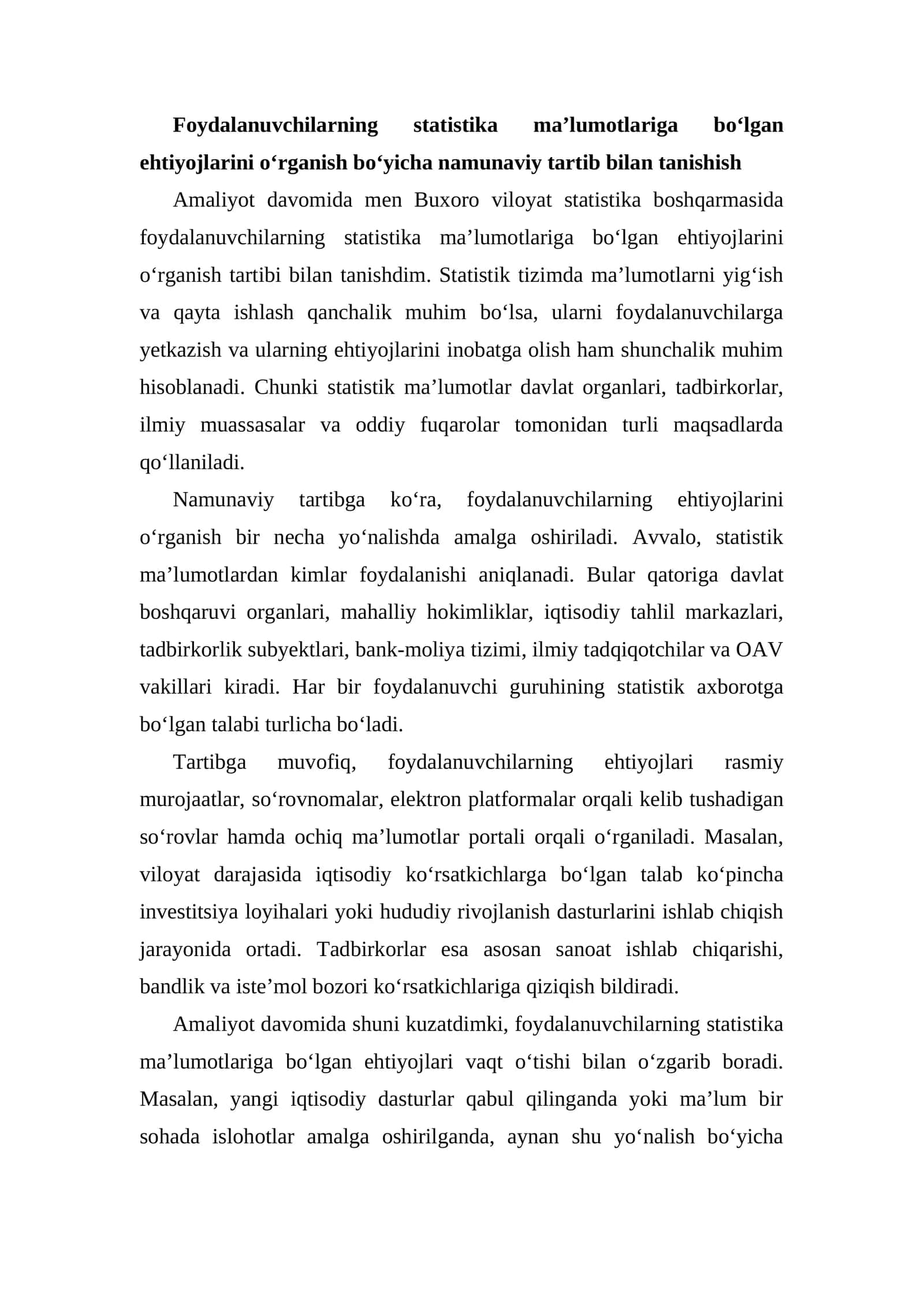 Foydalanuvchilarning statistika ma’lumotlariga bo‘lgan ehtiyojlarini o‘rganish 1