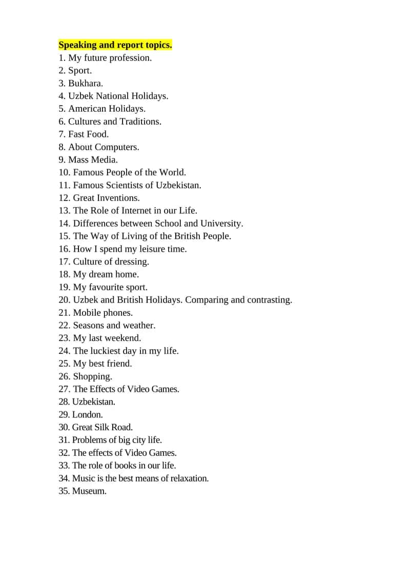 Speaking and report topics 1