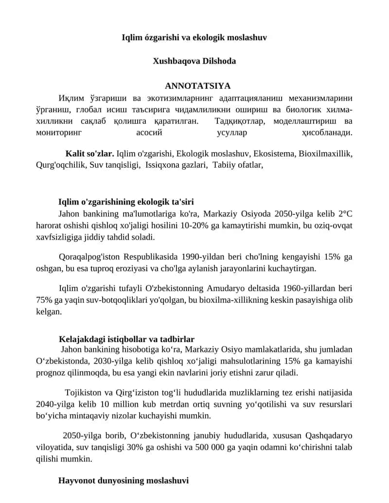 Iqlim ózgarishi va ekologik moslashuv 1