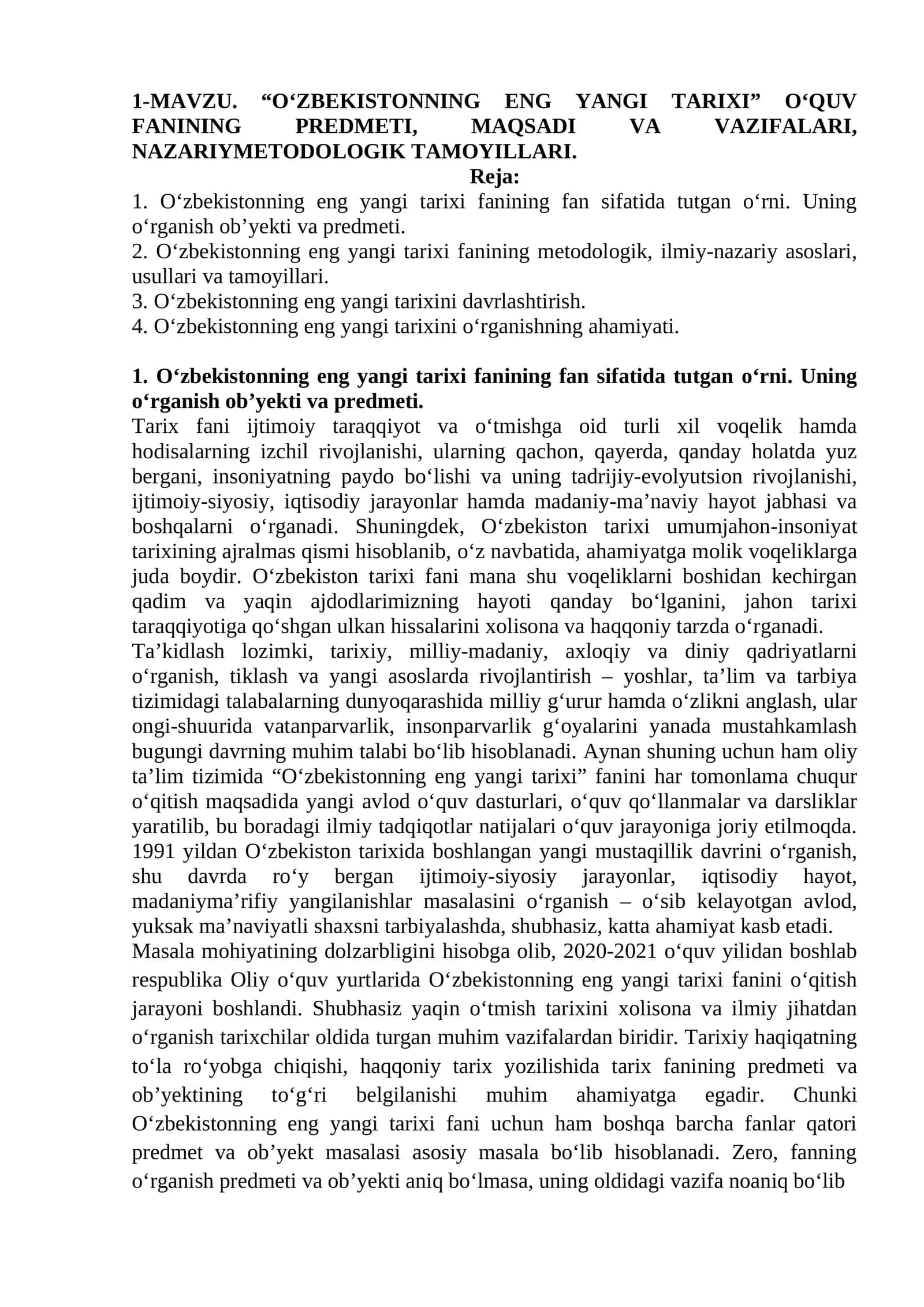 O‘ZBEKISTONNING ENG YANGI TARIXI 1