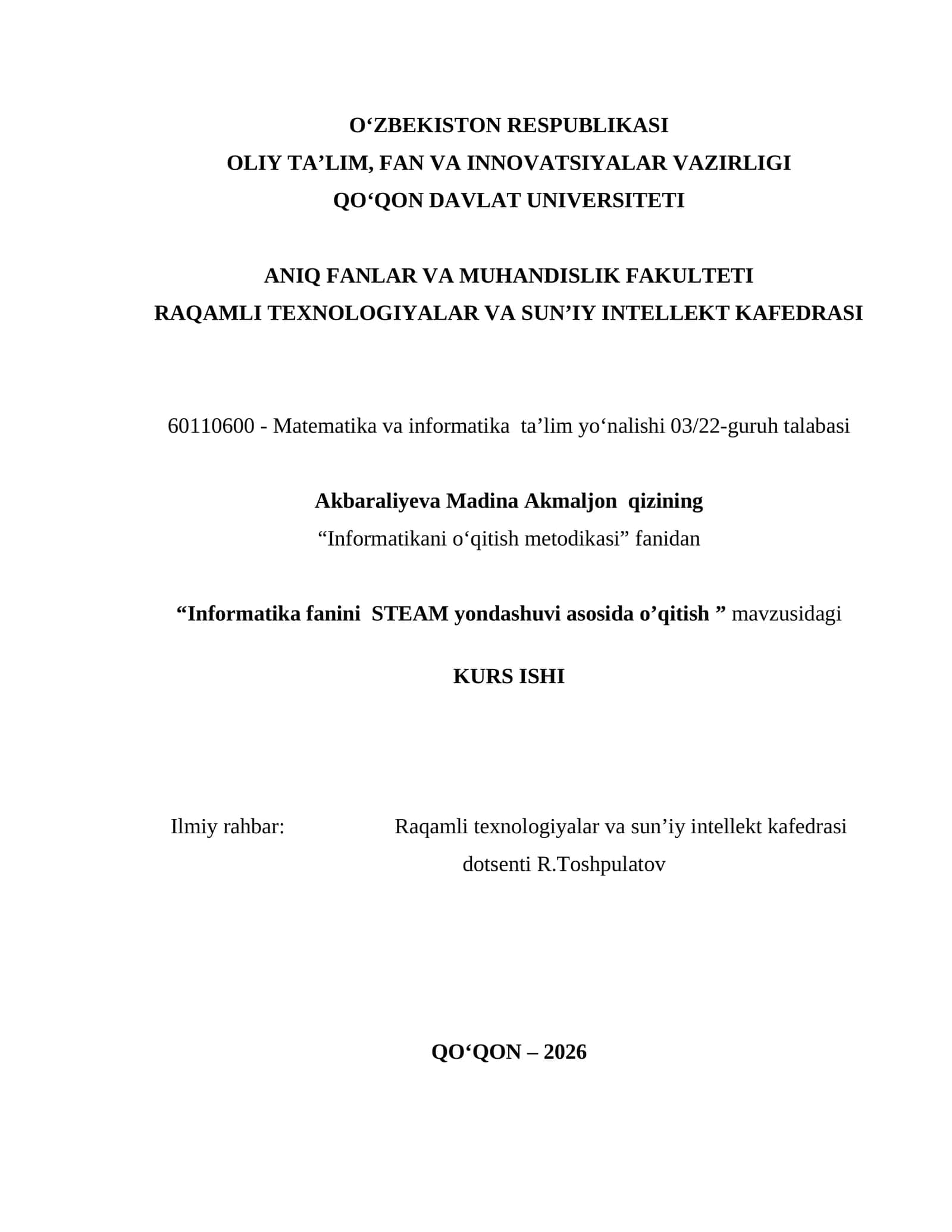 Informatikaning STEAM yondashuviga asoslangan o'qitish metodikasi 1