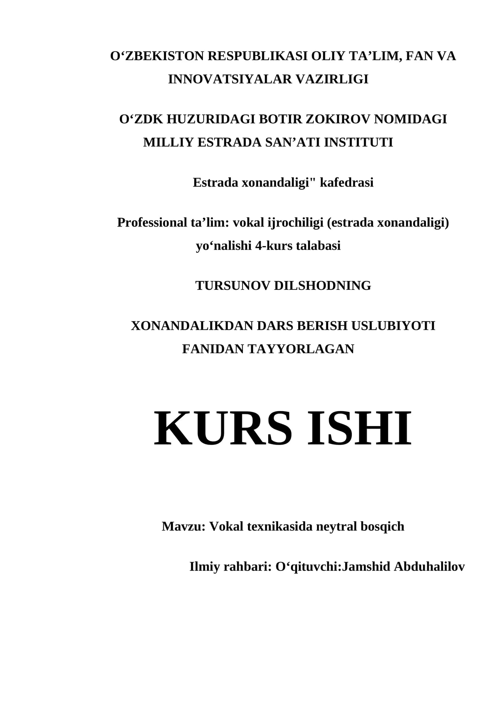 KURS ISHI - Vokal texnikasida neytral bosqich 1
