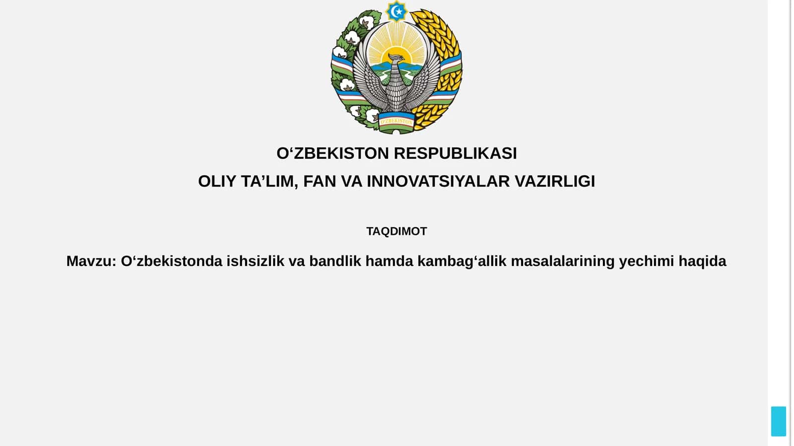 O‘zbekistonda ishsizlik va bandlik hamda kambagʻallik masalalarining yechimi haqida 1