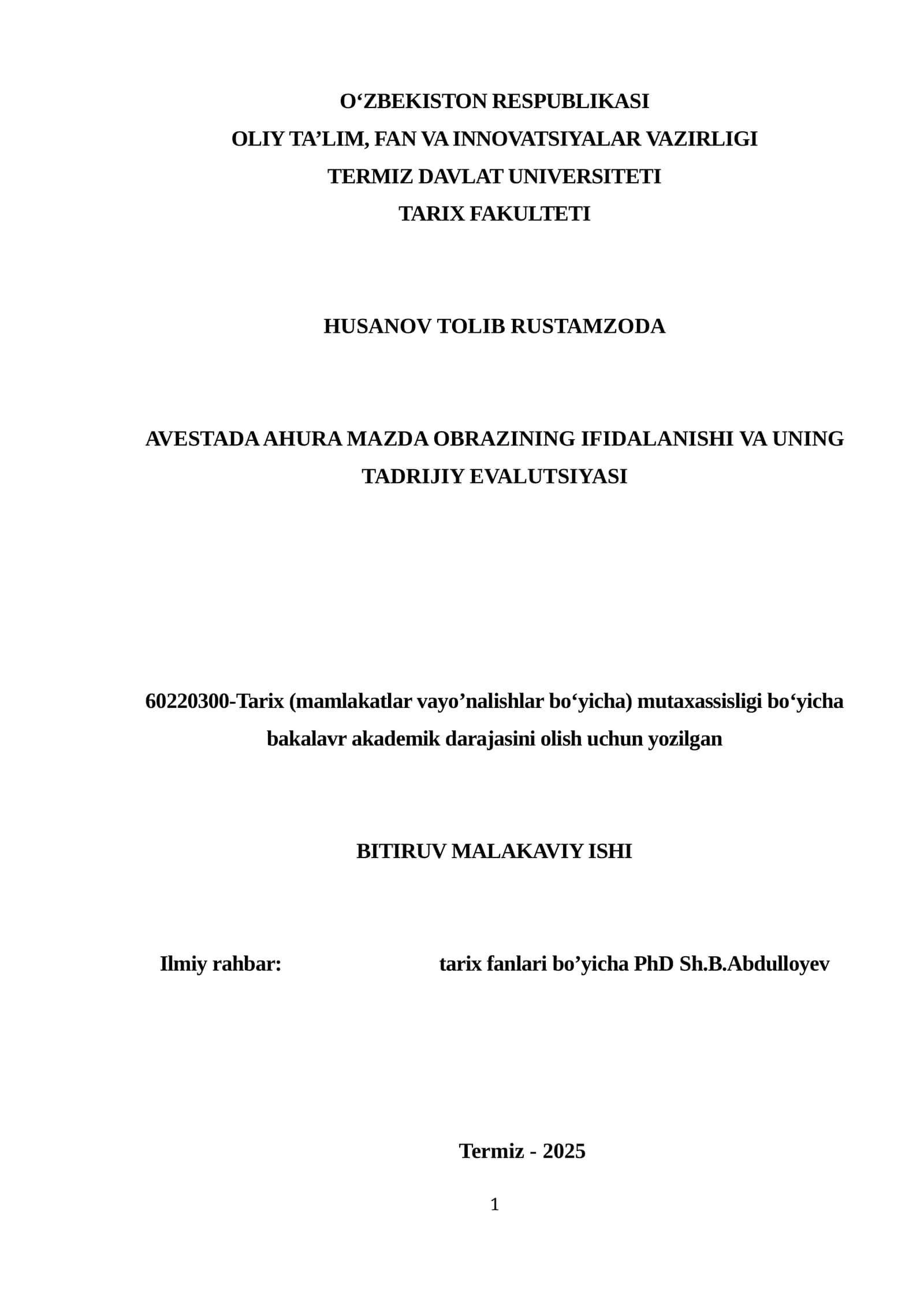 Avestada Ahura Mazda obrazining Ifidalanishi va uning tadrijiy evalutsiyasi 1