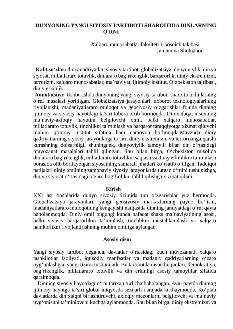 DUNYONING YANGI SIYOSIY TARTIBOTI SHAROITIDA DINLARNING O'RNI 1