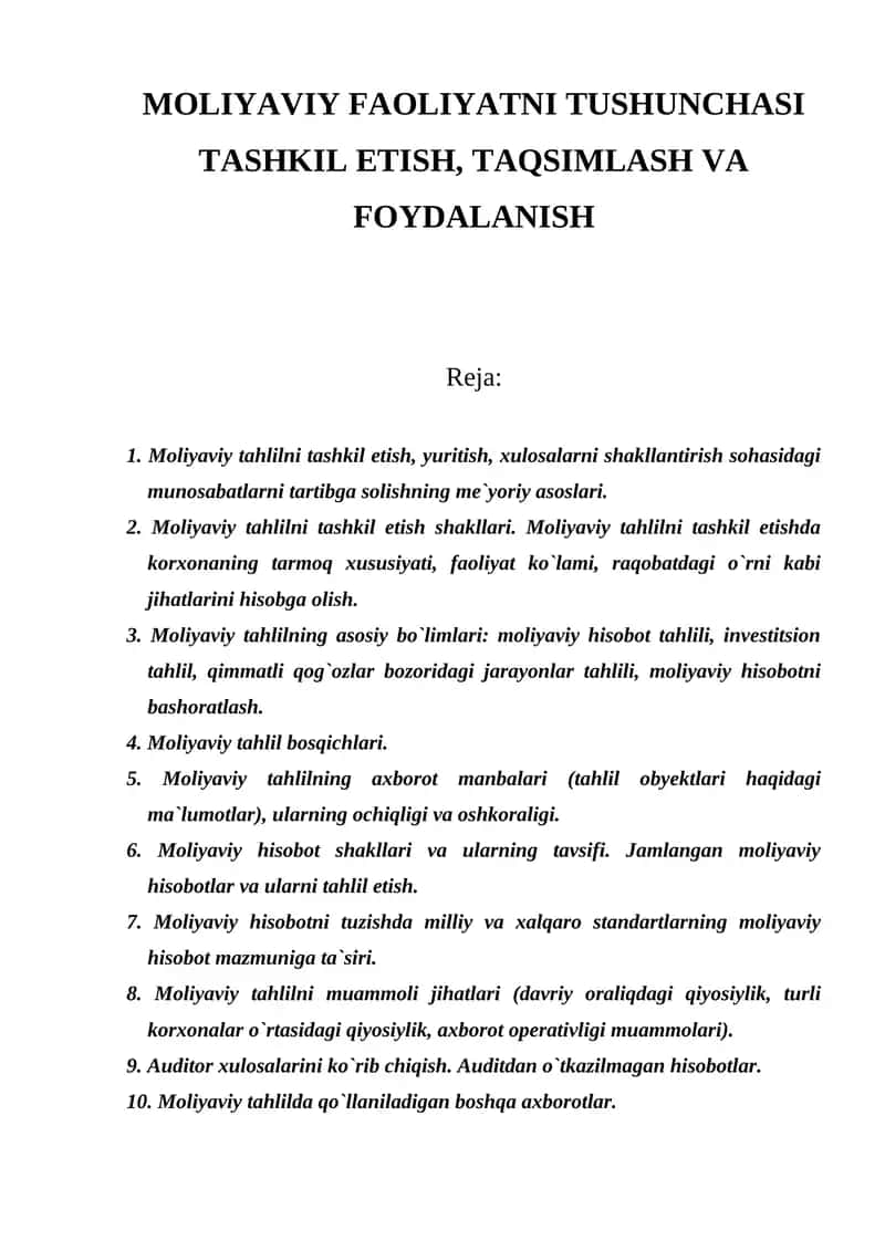 Moliyaviy faoliyatni tushunchasi tashkil etish, taqsimlash va foydalanish 1