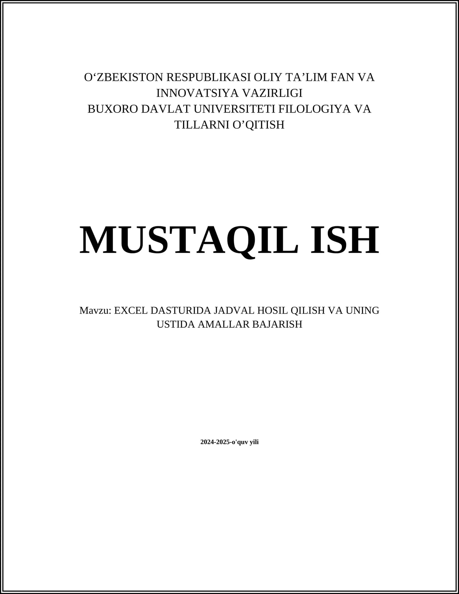EXCEL DASTURIDA JADVAL HOSIL QILISH VA UNING USTIDA AMALLAR BAJARISH 1
