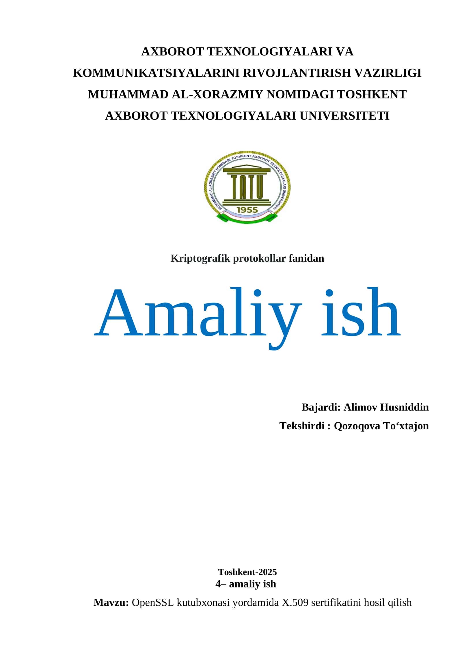 OpenSSL kutubxonasi yordamida X.509 sertifikatini hosil qilish 1