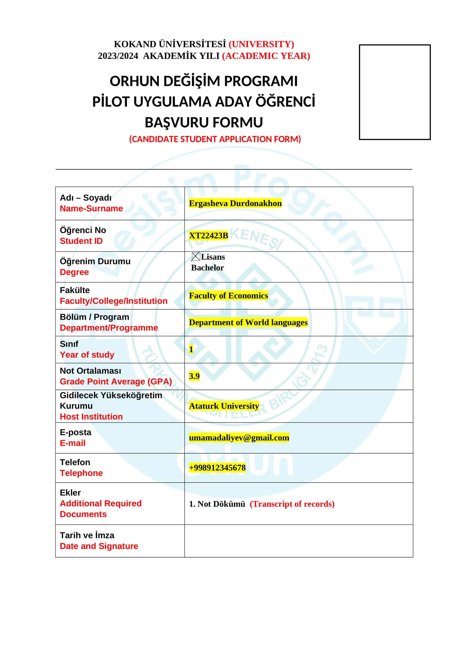 ORHUN DEĞİŞİM PROGRAMI PİLOT UYGULAMA ADAY ÖĞRENCİ BAŞVURU FORMU 1