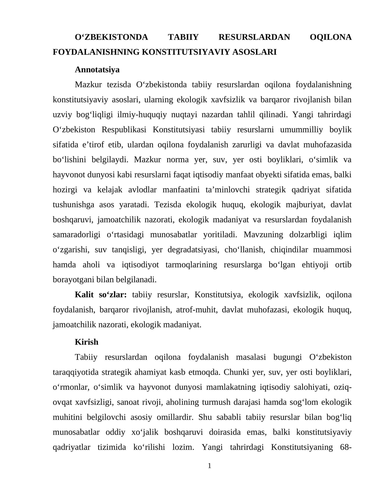 OʻZBEKISTONDA TABIIY RESURSLARDAN OQILONA FOYDALANISHNING KONSTITUTSIYAVIY ASOSLARI 1