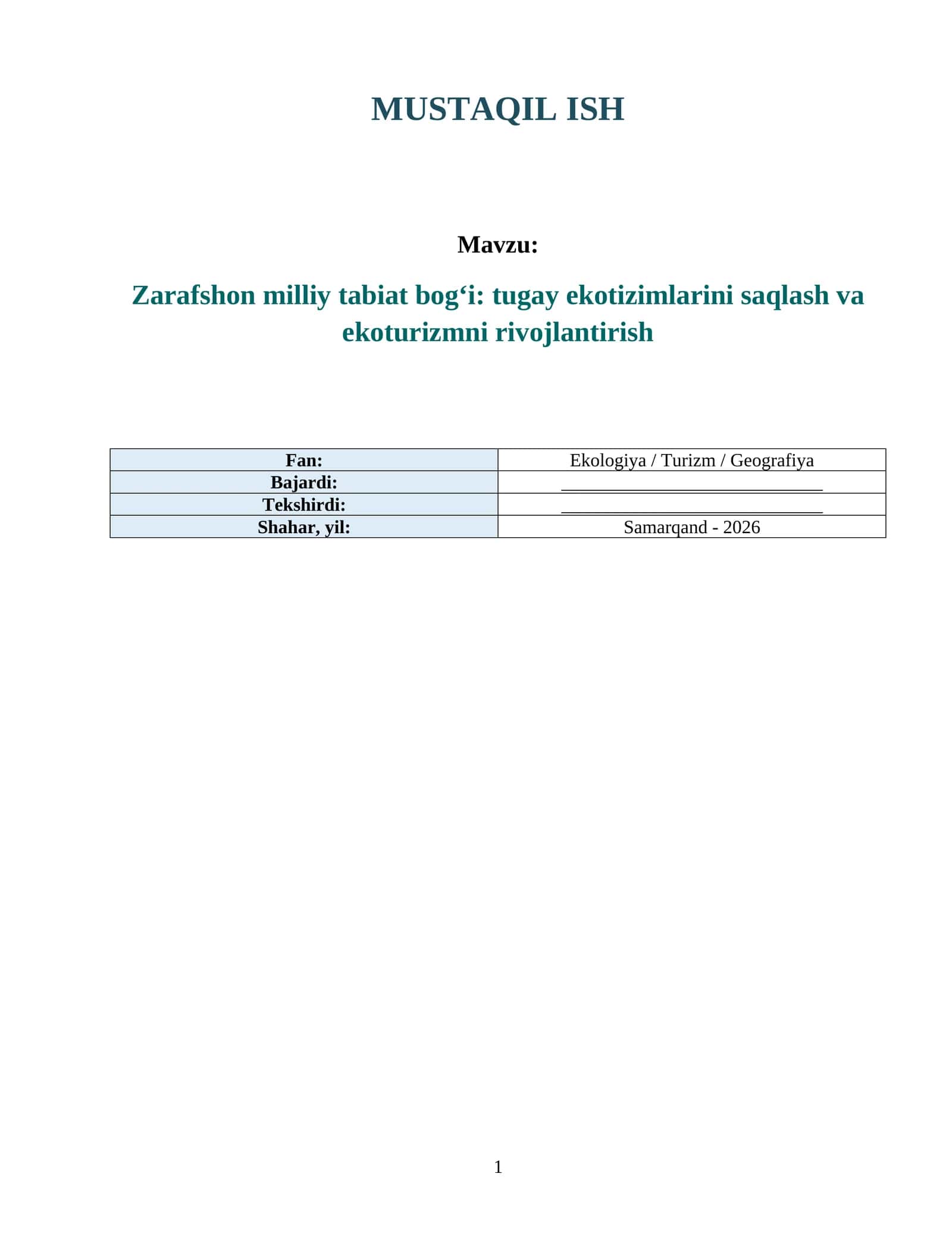 Zarafshon milliy tabiat bog‘i haqida tayyor mustaqil ish — DOCX/PDF 1
