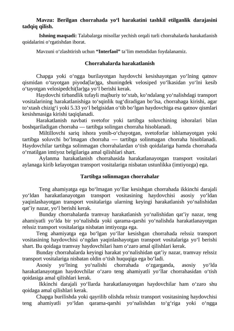 Berilgan chorrahada yo‘l harakatini tashkil etilganlik darajasini tadqiq qilish. 1
