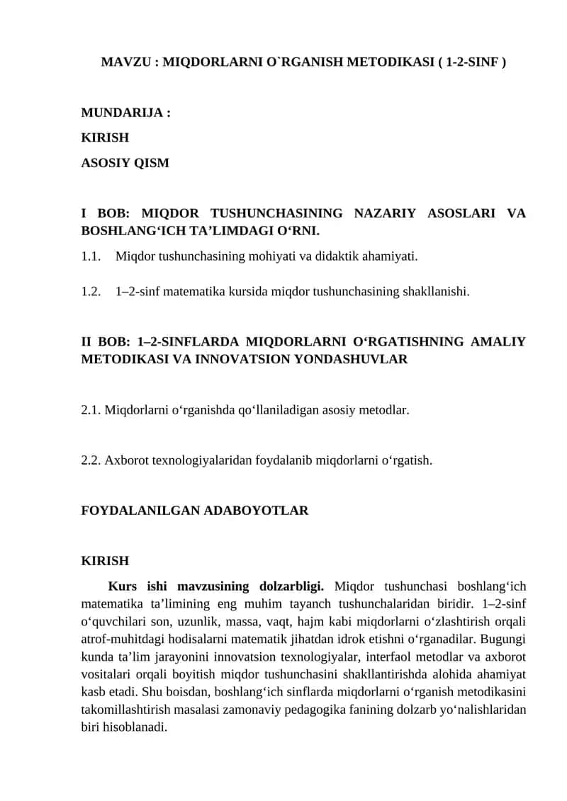 MIQDORLARNI O`RGANISH METODIKASI ( 1-2-SINF ) 1