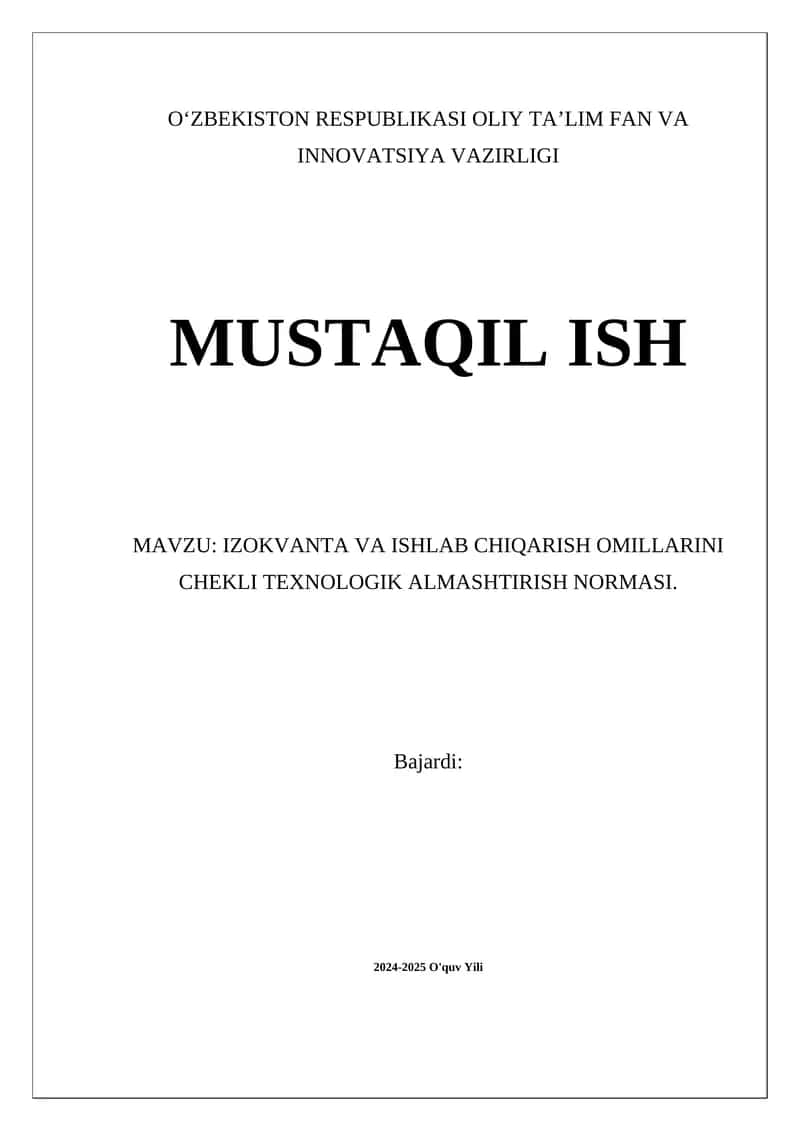IZOKVANTA VA ISHLAB CHIQARISH OMILLARINI CHEKLI TEXNOLOGIK ALMASHTIRISH NORMASI 1