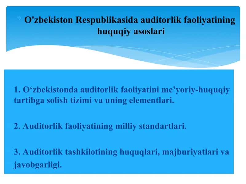 O‘zbekistonda auditorlik faoliyatini me’yoriy-huquqiy tartibga solish tizimi va uning elementlari 1