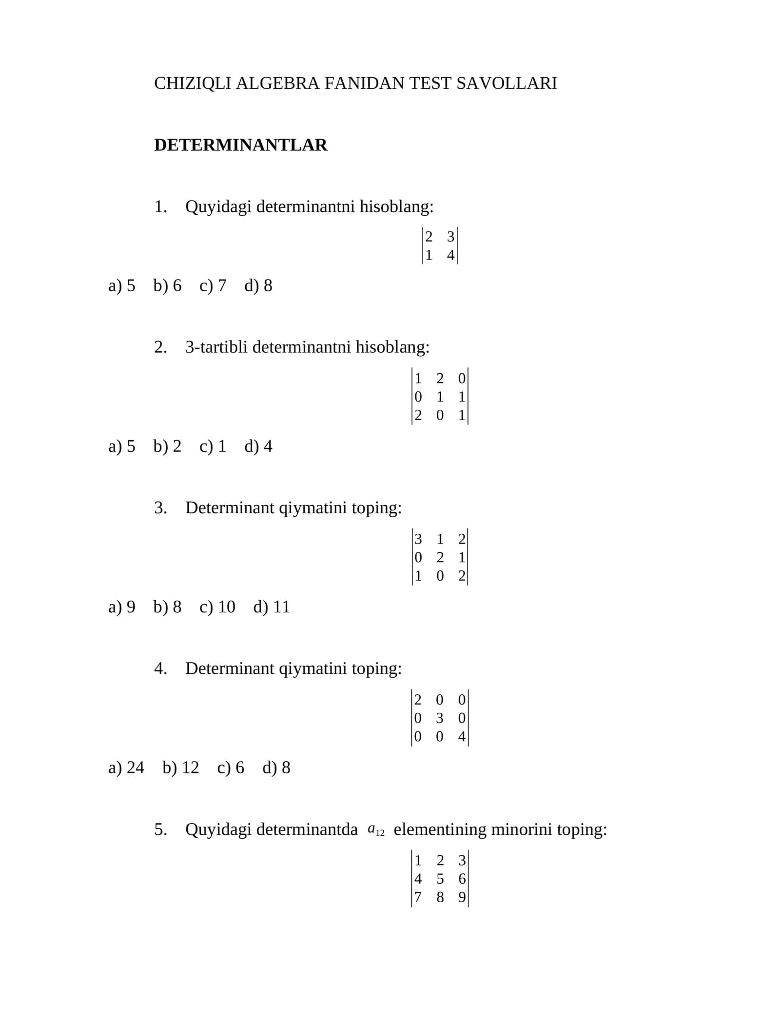CHIZIQLI ALGEBRA FANIDAN TEST SAVOLLARI 1