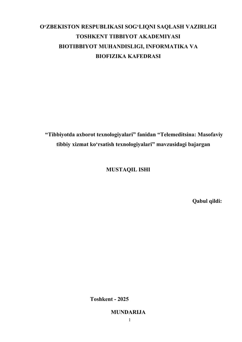 Telemeditsina: Masofaviy tibbiy xizmat ko‘rsatish texnologiyalari 1