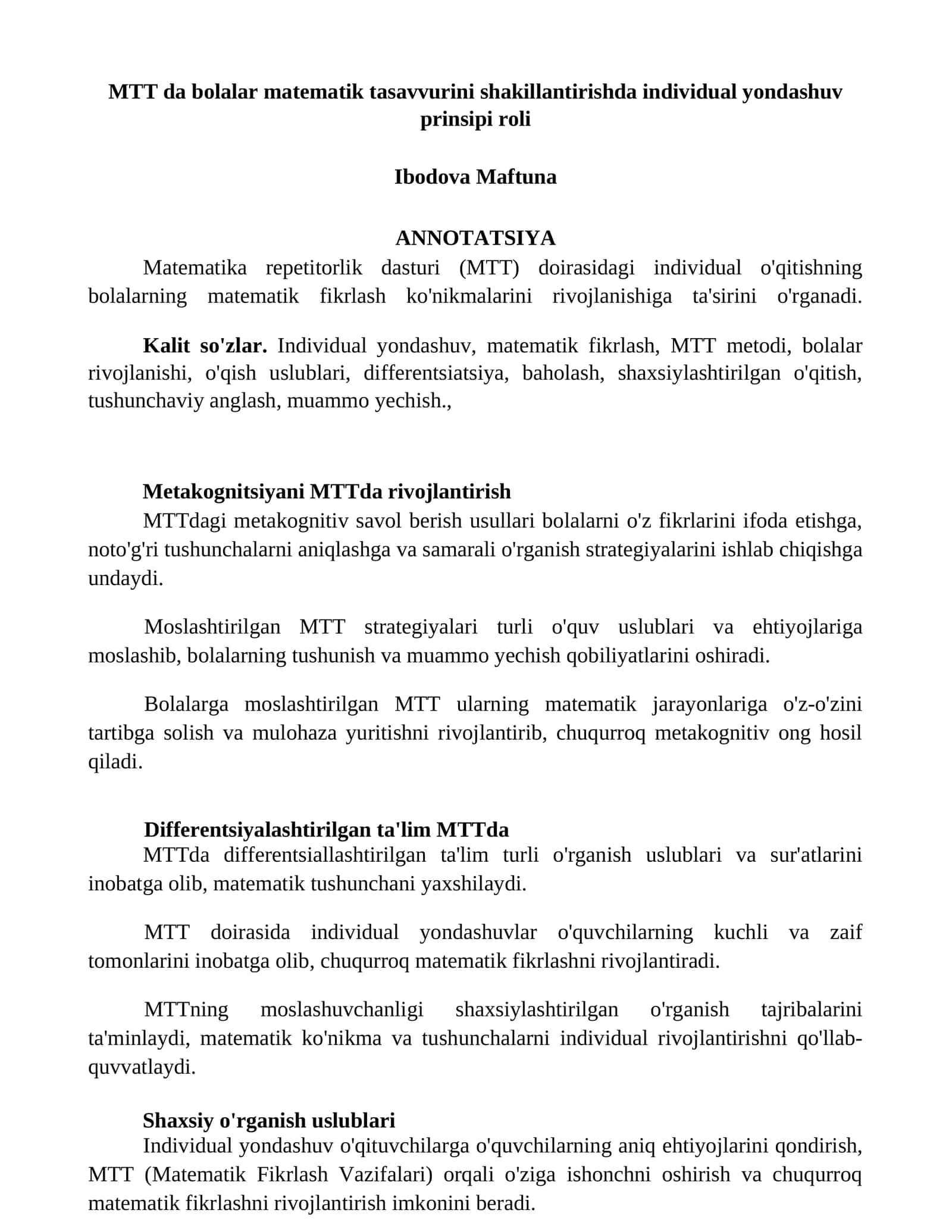 Metakognitsiyani MTTda rivojlantirish 1