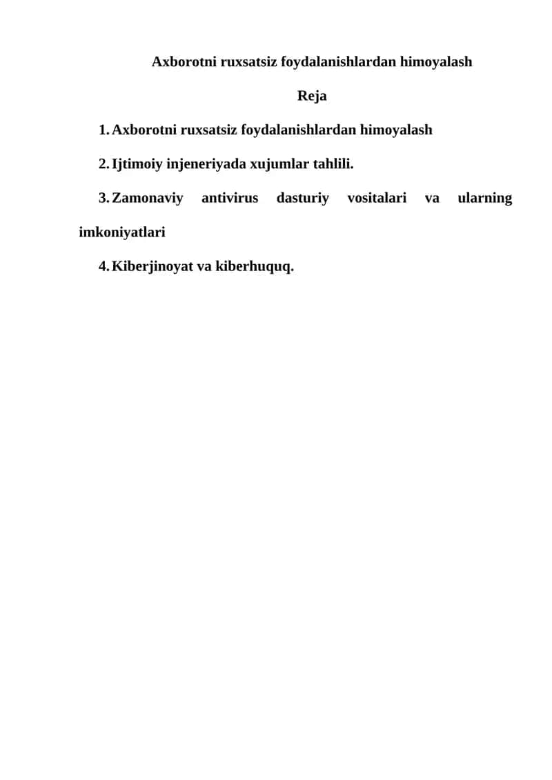 Axborotni ruxsatsiz foydalanishlardan himoyalash 1