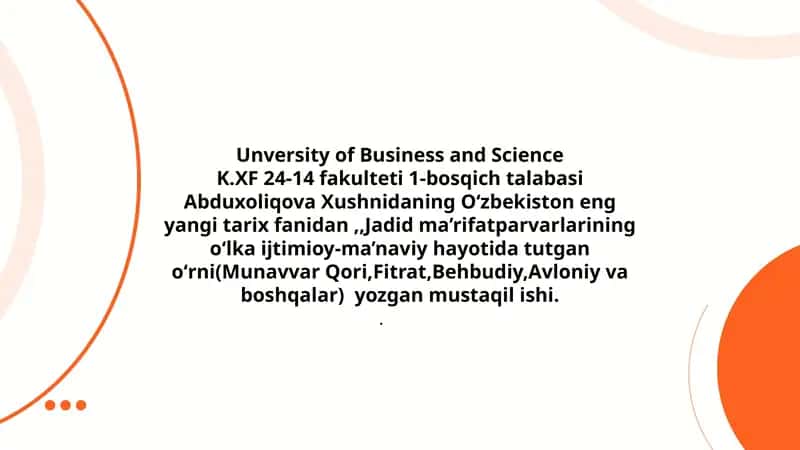 1-bosqich talabasi Abduxoliqova Xushnidaning Oʻzbekiston eng yangi tarix fanidan 1