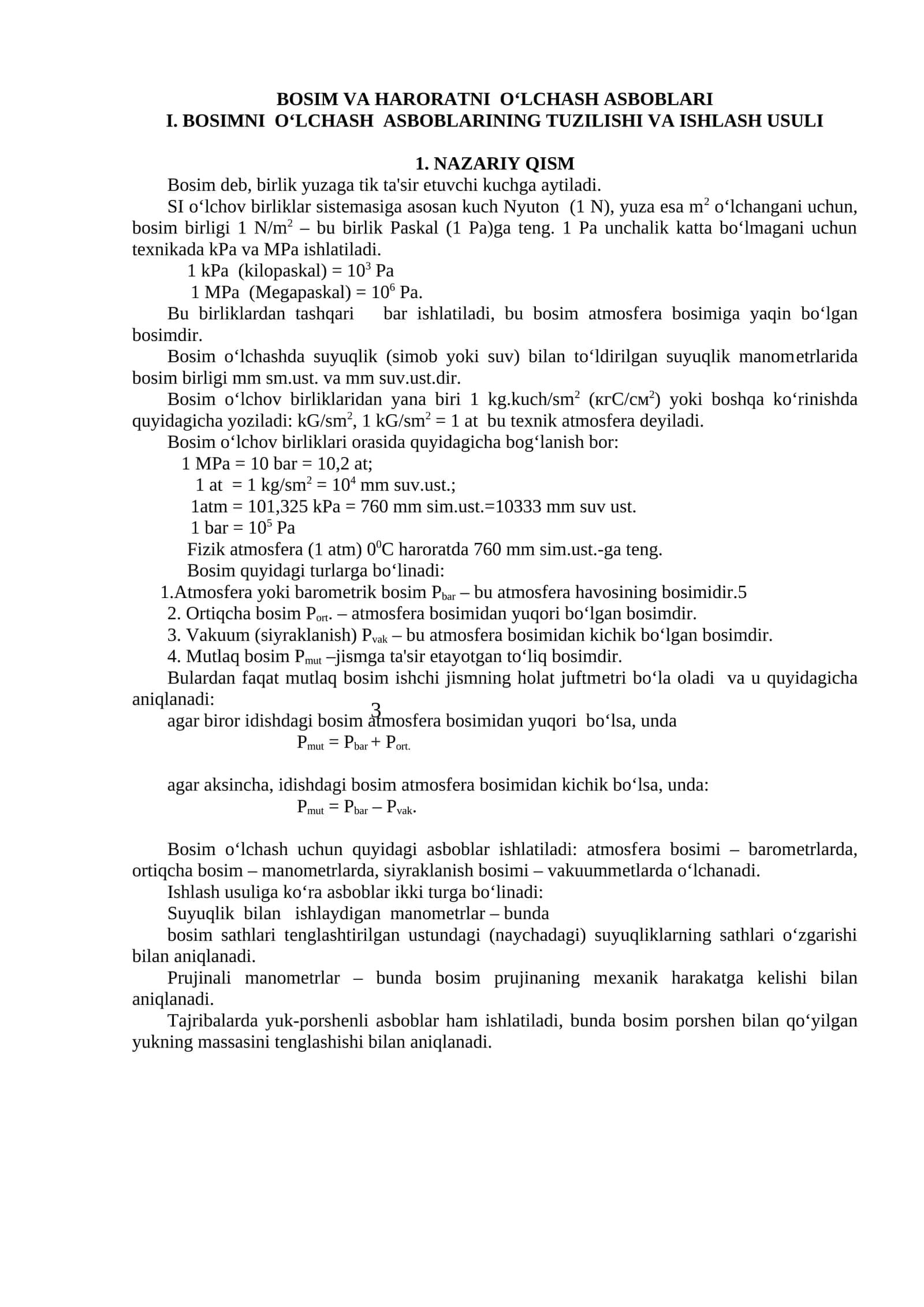 BOSIM VA HARORATNI O‘LCHASH ASBOBLARI 1