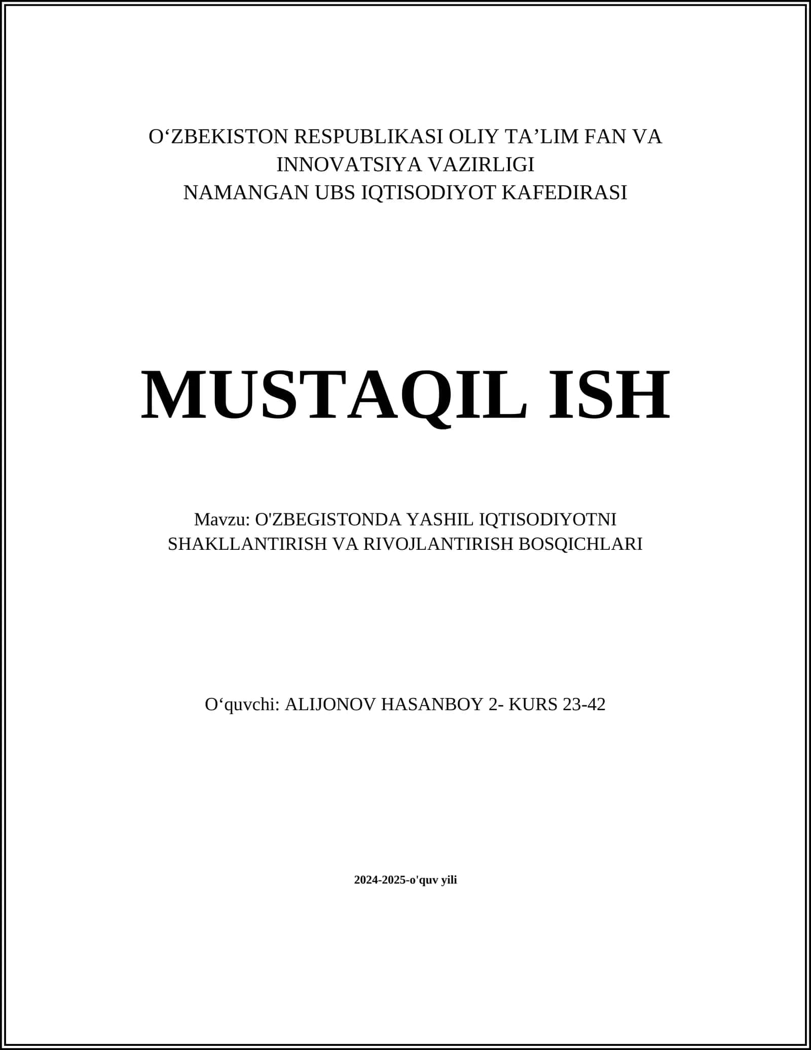 YASHIL IQTISODIYOTNI SHAKLLANTIRISH VA RIVOJLANTIRISH BOSQICHLARI 1