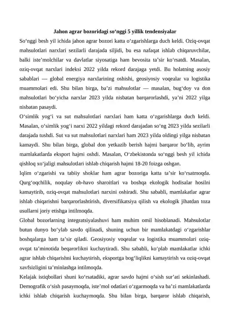 Jahon agrar bozoridagi so‘nggi 5 yillik tendensiyalar