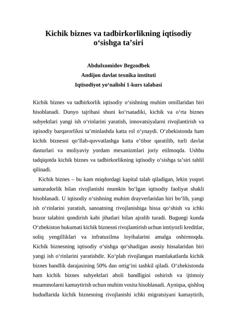 Kichik biznes va tadbirkorlikning iqtisodiy o‘sishga ta’siri 1