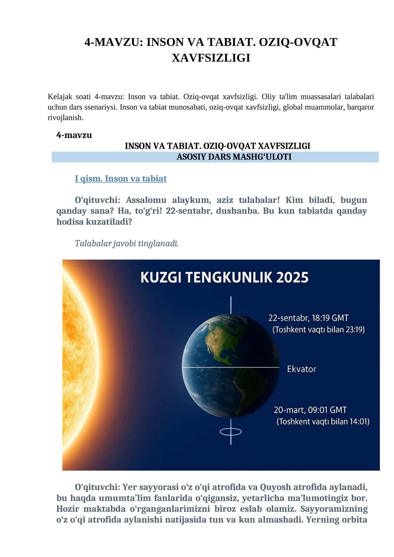 INSON VA TABIAT. OZIQ-OVQAT XAVFSIZLIGI 1
