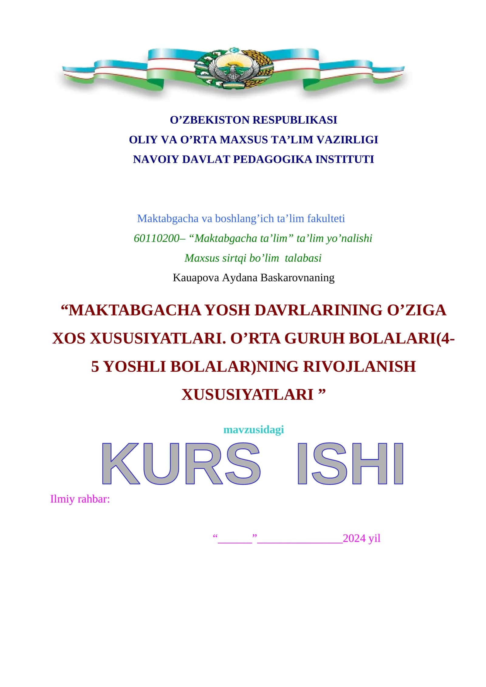 MAKTABGACHA YOSH DAVRLARINING O’ZIGA XOS XUSUSIYATLARI. O’RTA GURUH BOLALARI(4-5 YOSHLI BOLALAR)NING RIVOJLANISH XUSUSIYATLARI 1