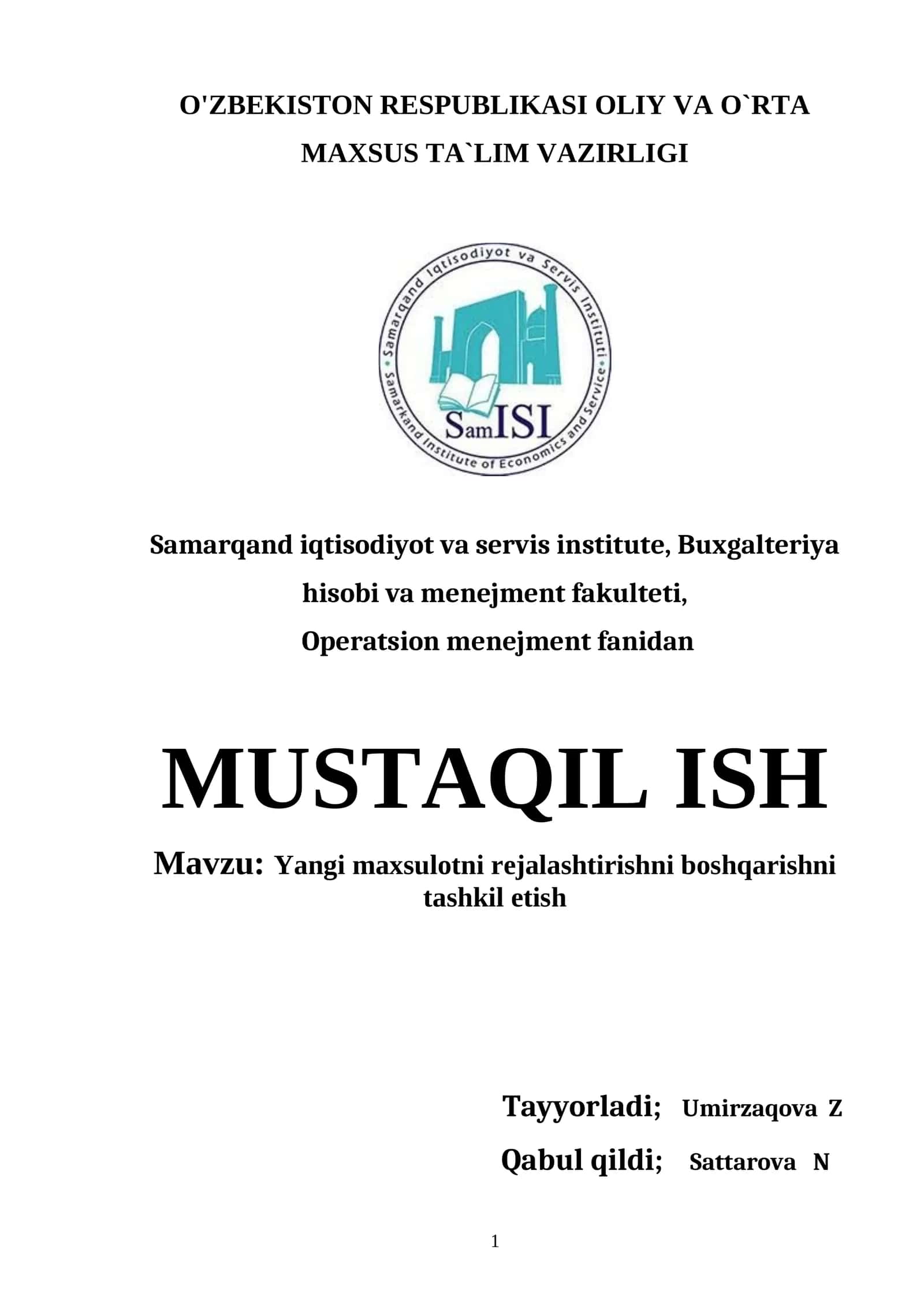 Yangi maxsulotni rejalashtirishni boshqarishni tashkil etish 1