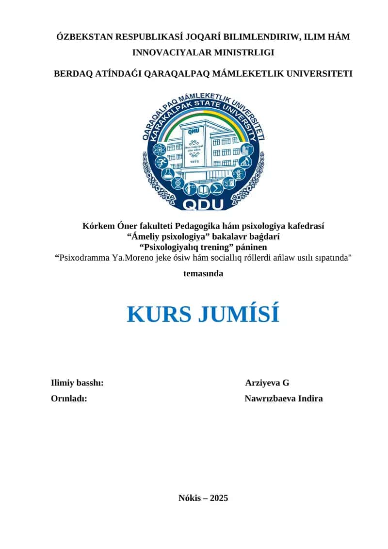 Psixodramma Ya.Moreno jeke ósiw hám sociallıq róllerdi ańlaw usılı sıpatında 1