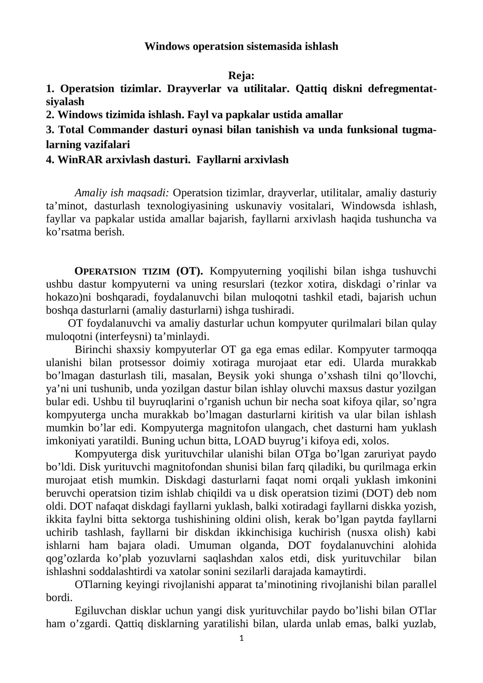 Windows operatsion sistemasida ishlash 1