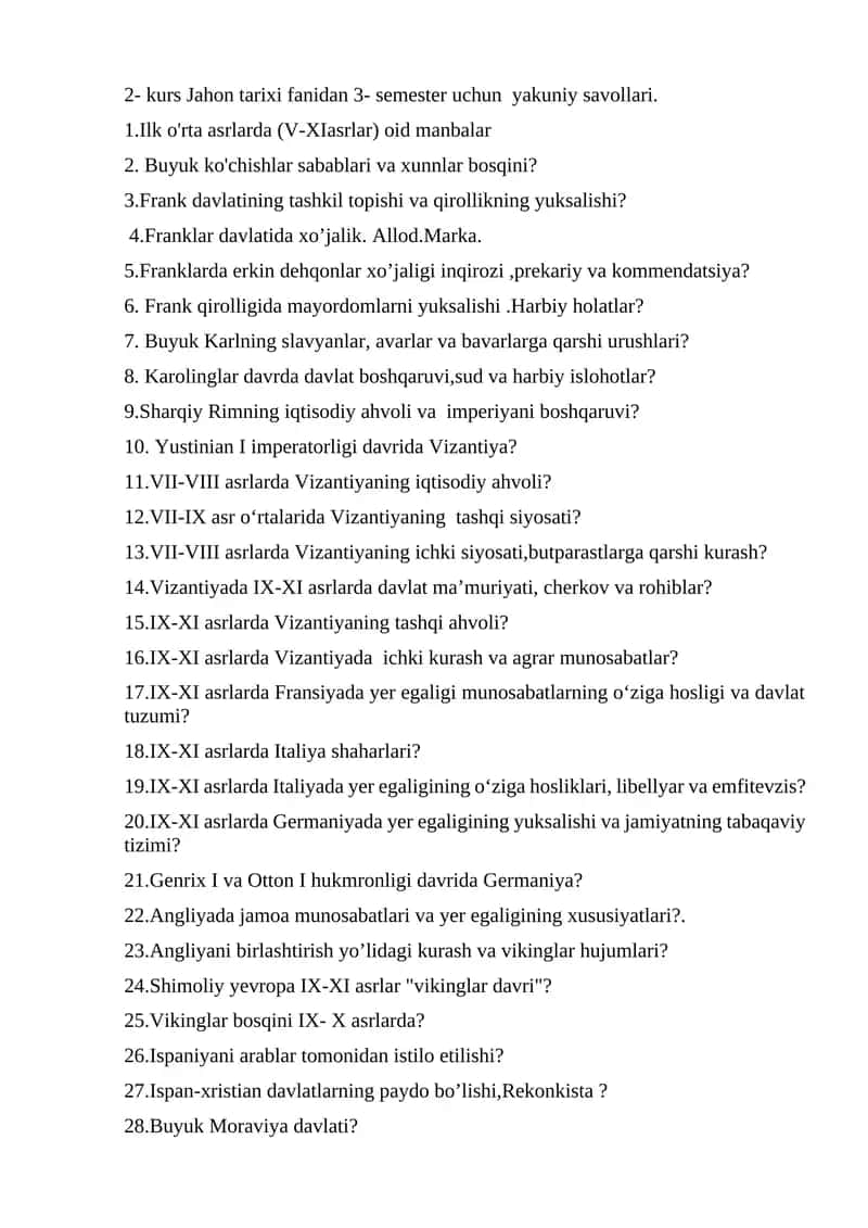 2- kurs Jahon tarixi fanidan 3- semester uchun yakuniy savollari 1