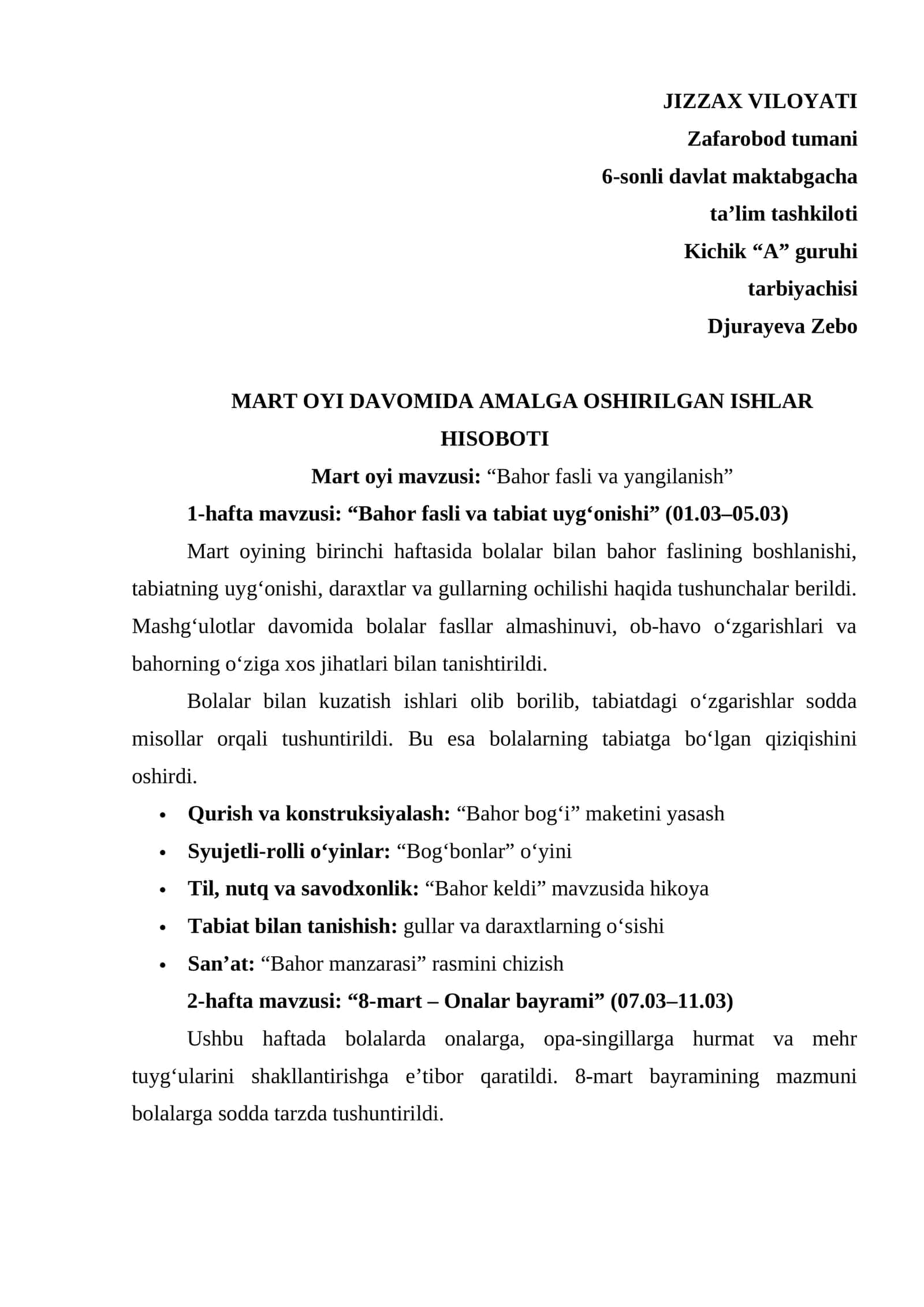 Maktabgacha ta'lim tarbiyachisi uchun Mart hisoboti 1