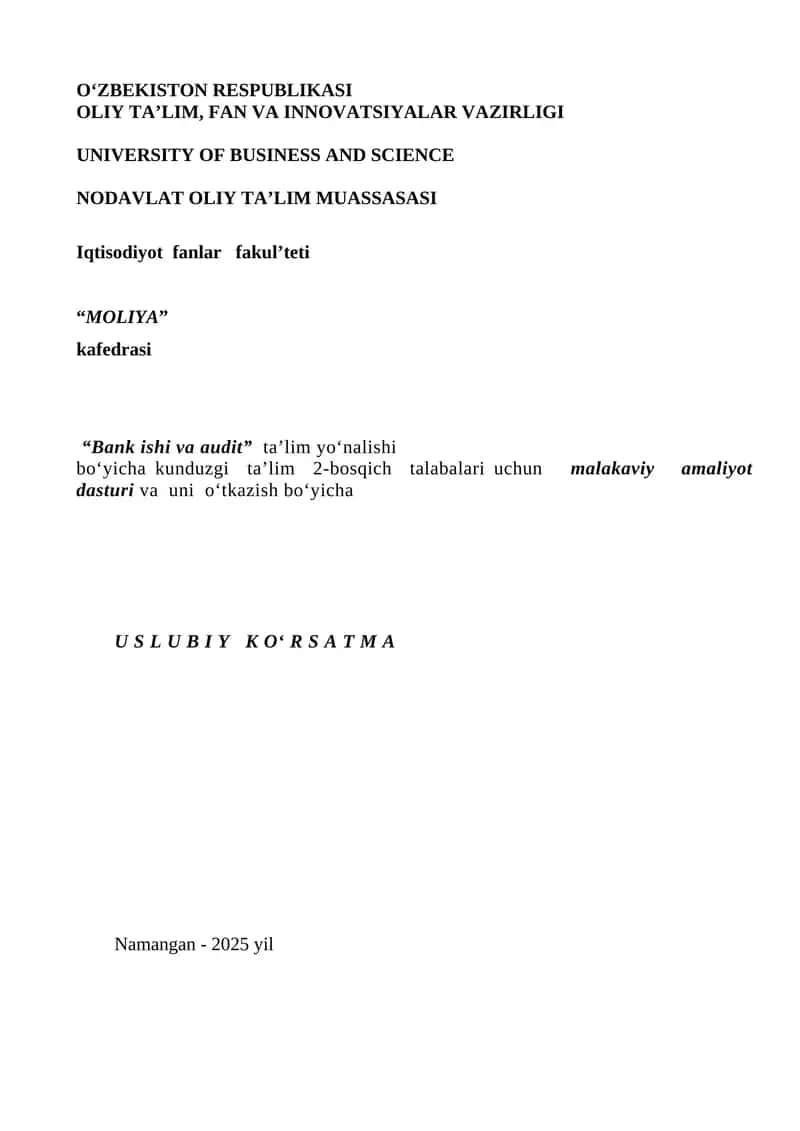 Bank ishi va audit ta'lim yo‘nalishi malakaviy amaliyoti dasturi 1