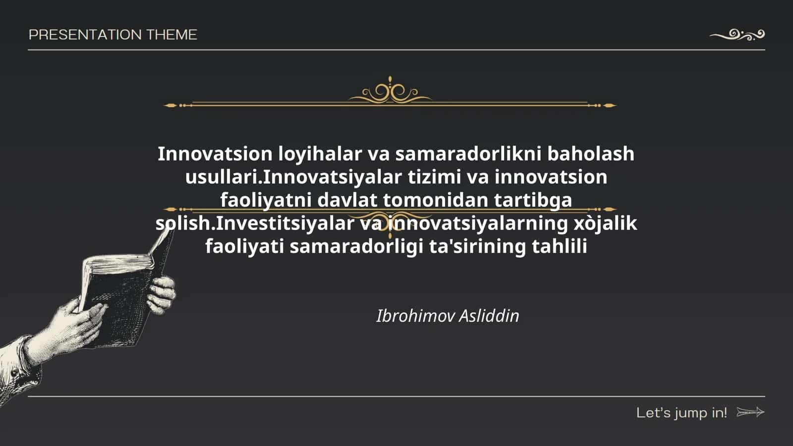 Innovatsion loyihalar va samaradorlikni baholash usullari.Innovatsiyalar tizimi va innovatsion faoliyatni davlat tomonidan tartibga solish.Investitsiyalar va innovatsiyalarning xòjalik faoliyati samaradorligi ta'sirining tahlili 1