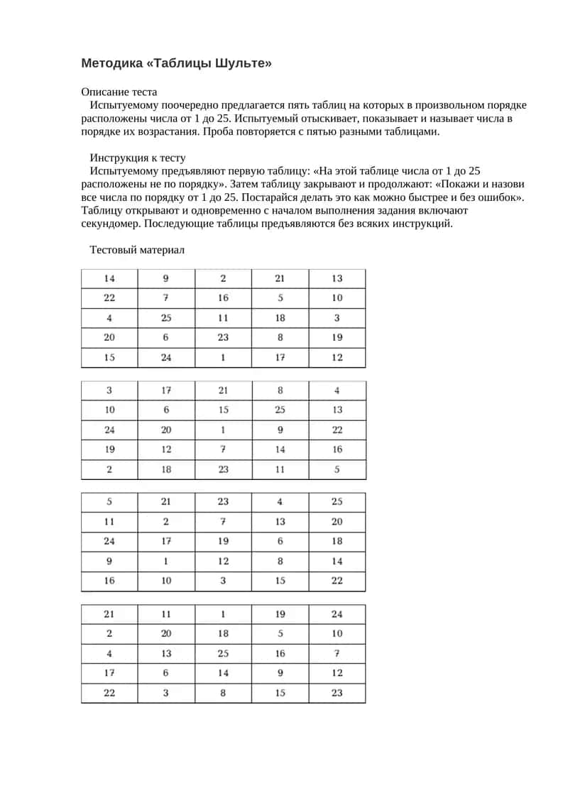 Методика «Таблицы Шульте» 1