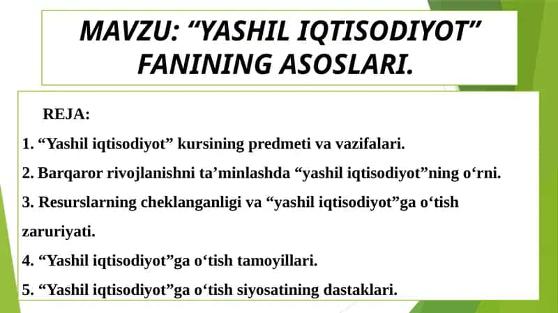 “YASHIL IQTISODIYOT” FANINING ASOSLARI. 1