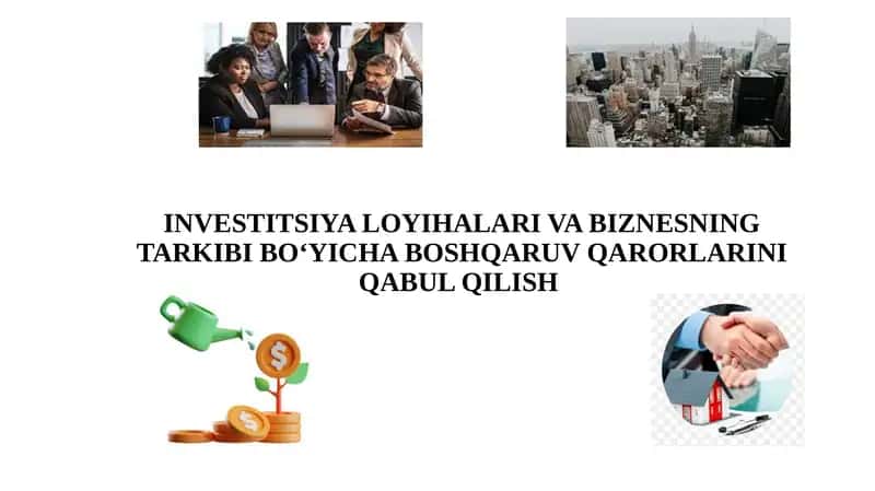 INVESTITSIYA LOYIHALARI VA BIZNESNING TARKIBI BO‘YICHA BOSHQARUV QARORLARINI QABUL QILISH 1