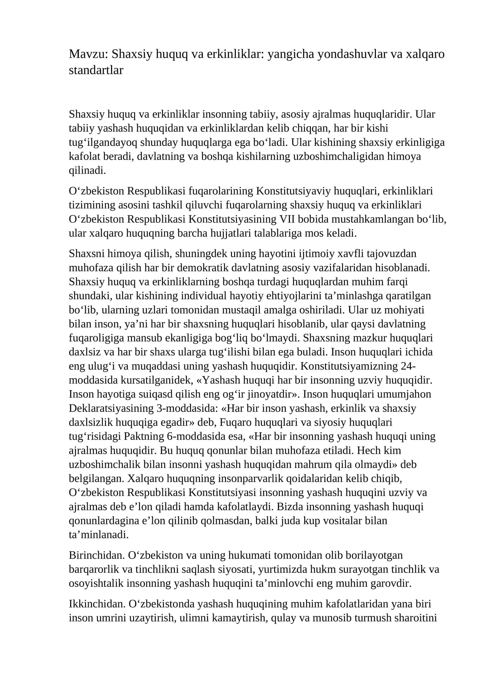 Shaxsiy huquq va erkinliklar: yangicha yondashuvlar va xalqaro standartlar 1