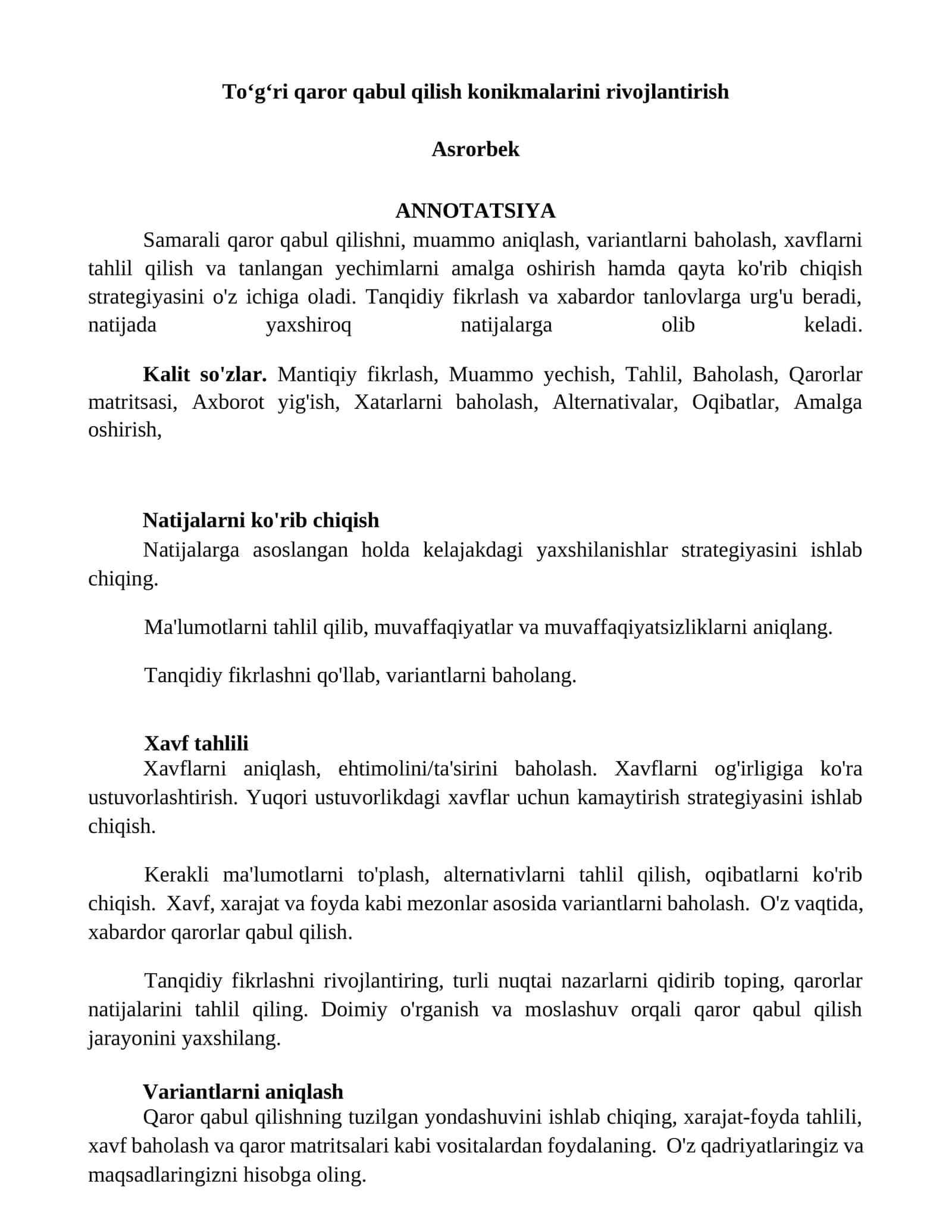 Toʻgʻri qaror qabul qilish konikmalarini rivojlantirish 1