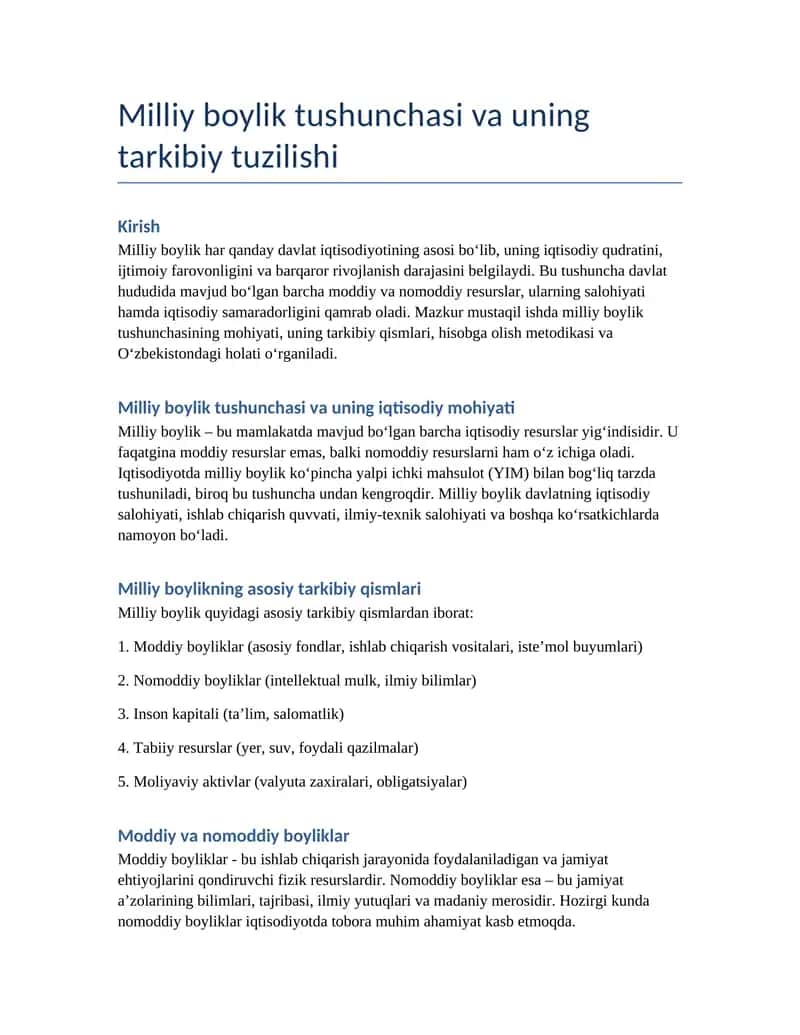 Milliy boylik tushunchasi va uning tarkibiy tuzilishi 1