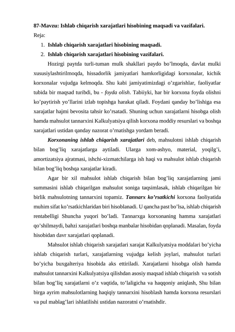 Ishlab chiqarish xarajatlari hisobi 1