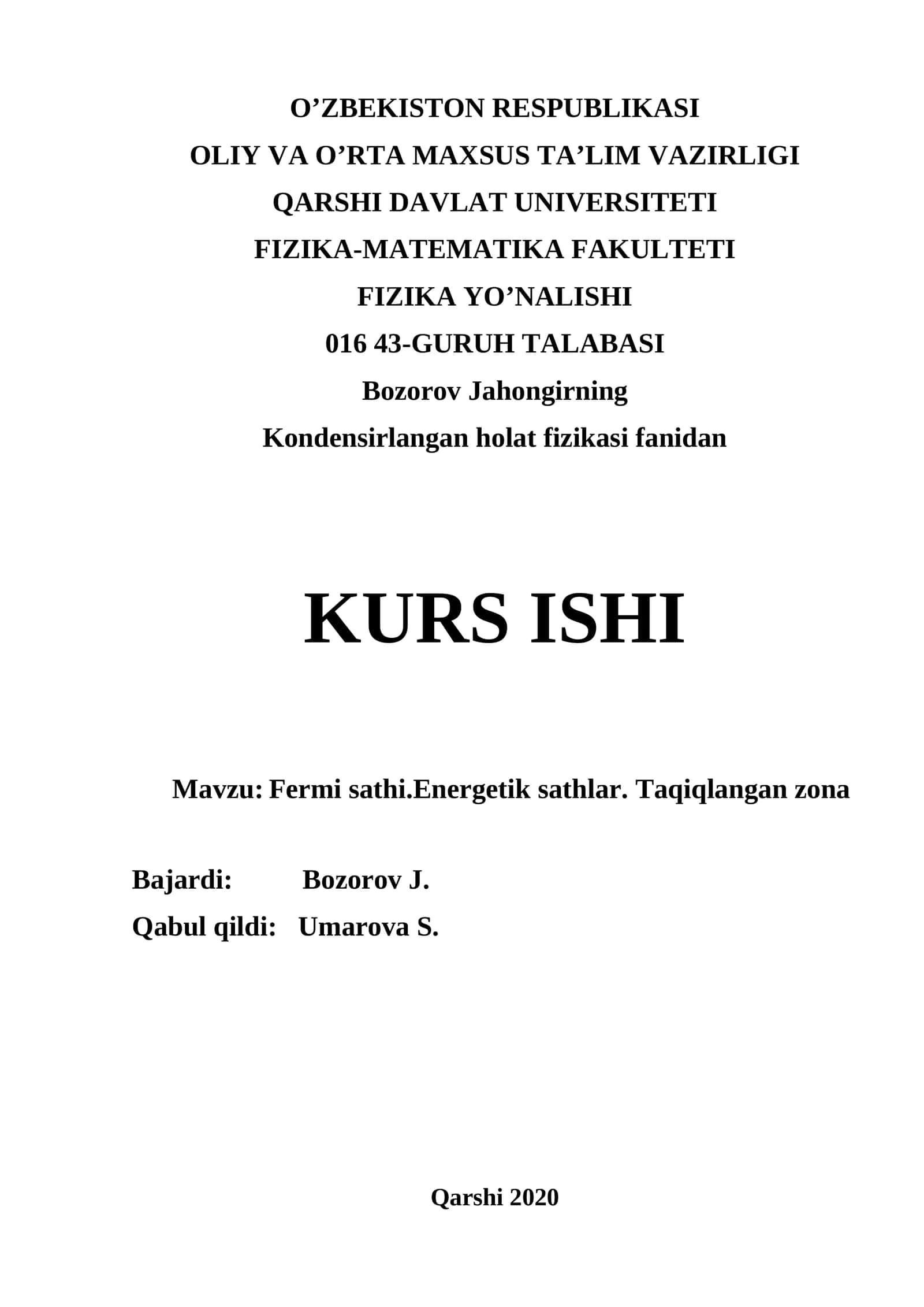 Kondensirlangan holat fizikasi fanidan KURS ISHI 1