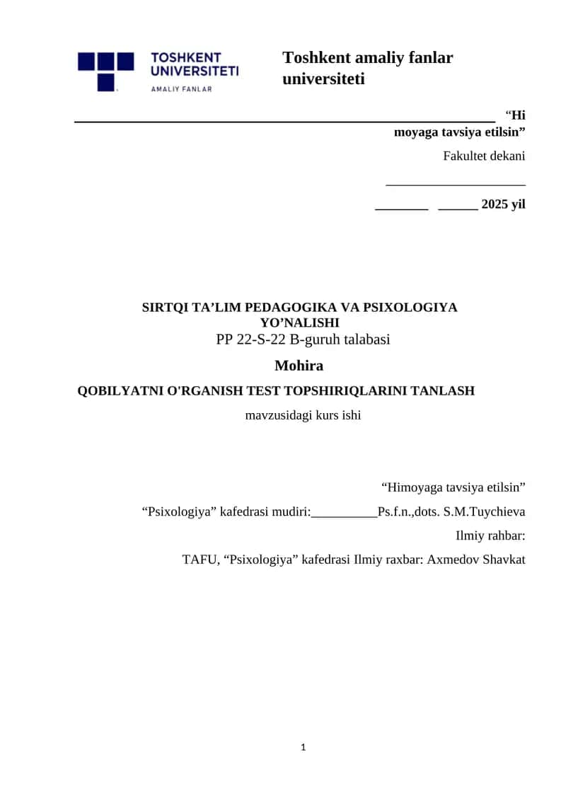 QOBILYATNI O'RGANISH TEST TOPSHIRIQLARINI TANLASH 1