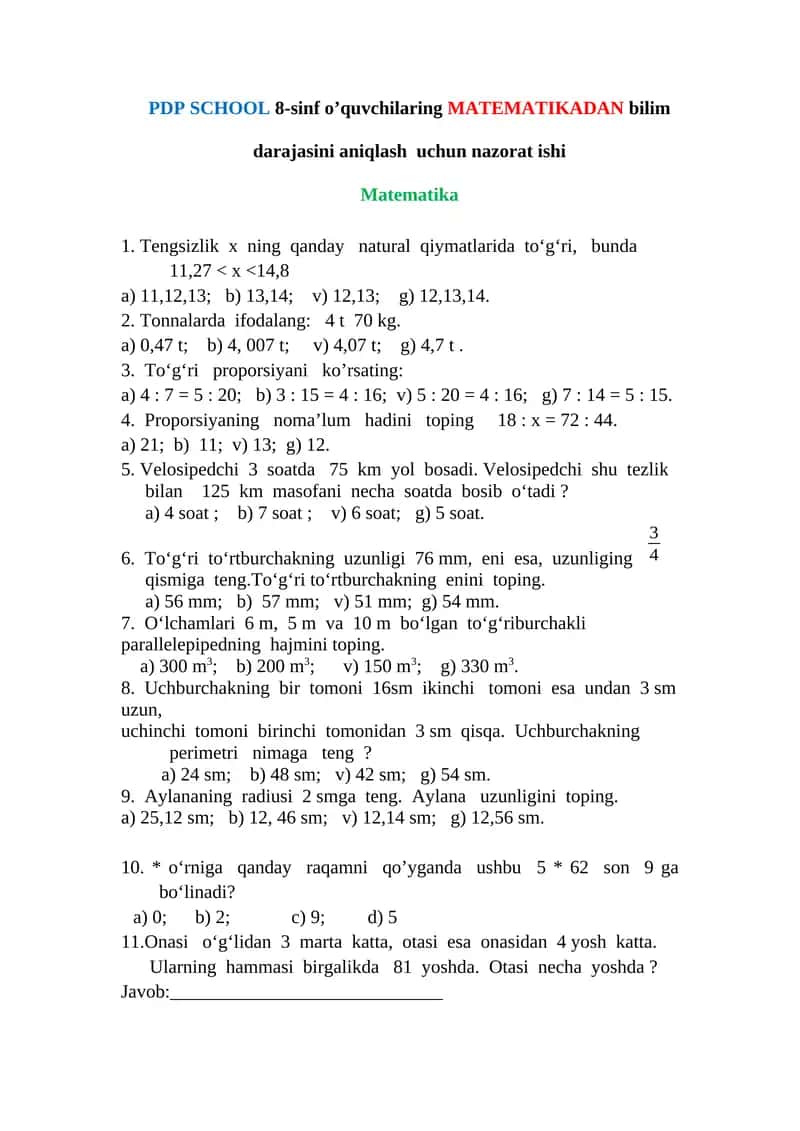 PDP SCHOOL 8-sinf o’quvchilaring MATEMATIKADAN bilim darajasini aniqlash 1