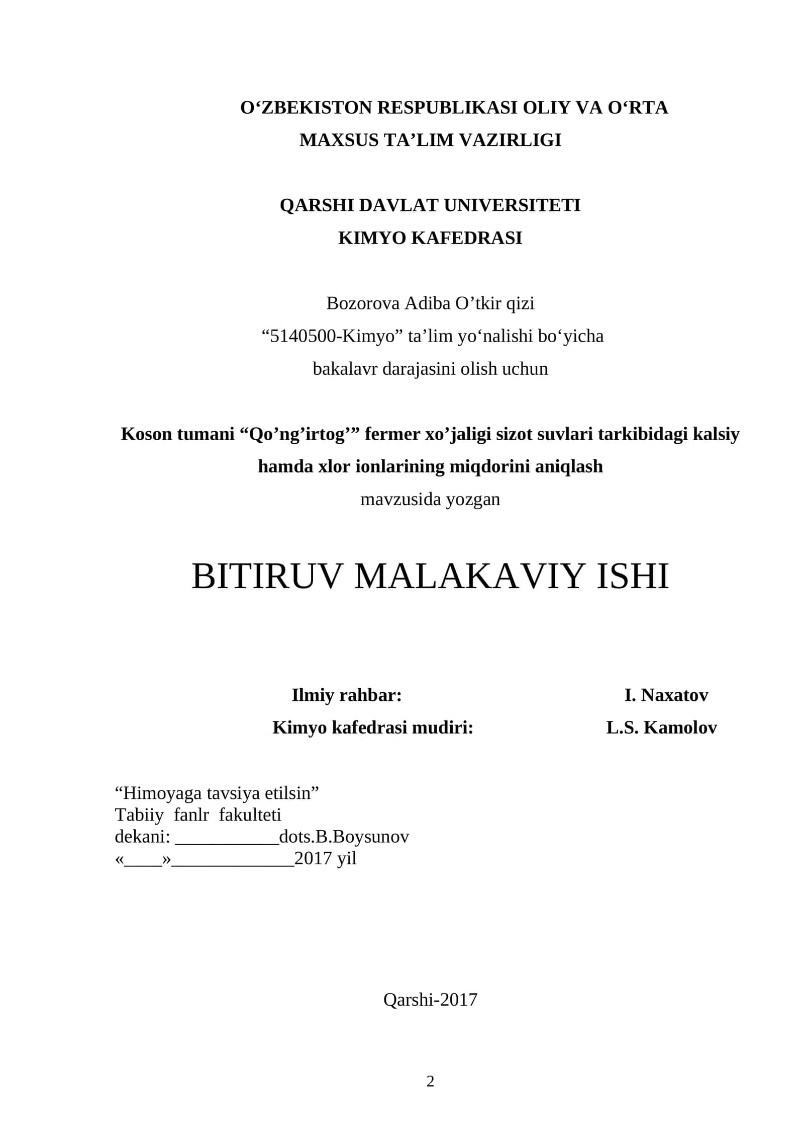 Koson tumani “Qo’ng’irtog’” fermer xo’jaligi sizot suvlari tarkibidagi kalsiy hamda xlor ionlarining miqdorini aniqlash 1