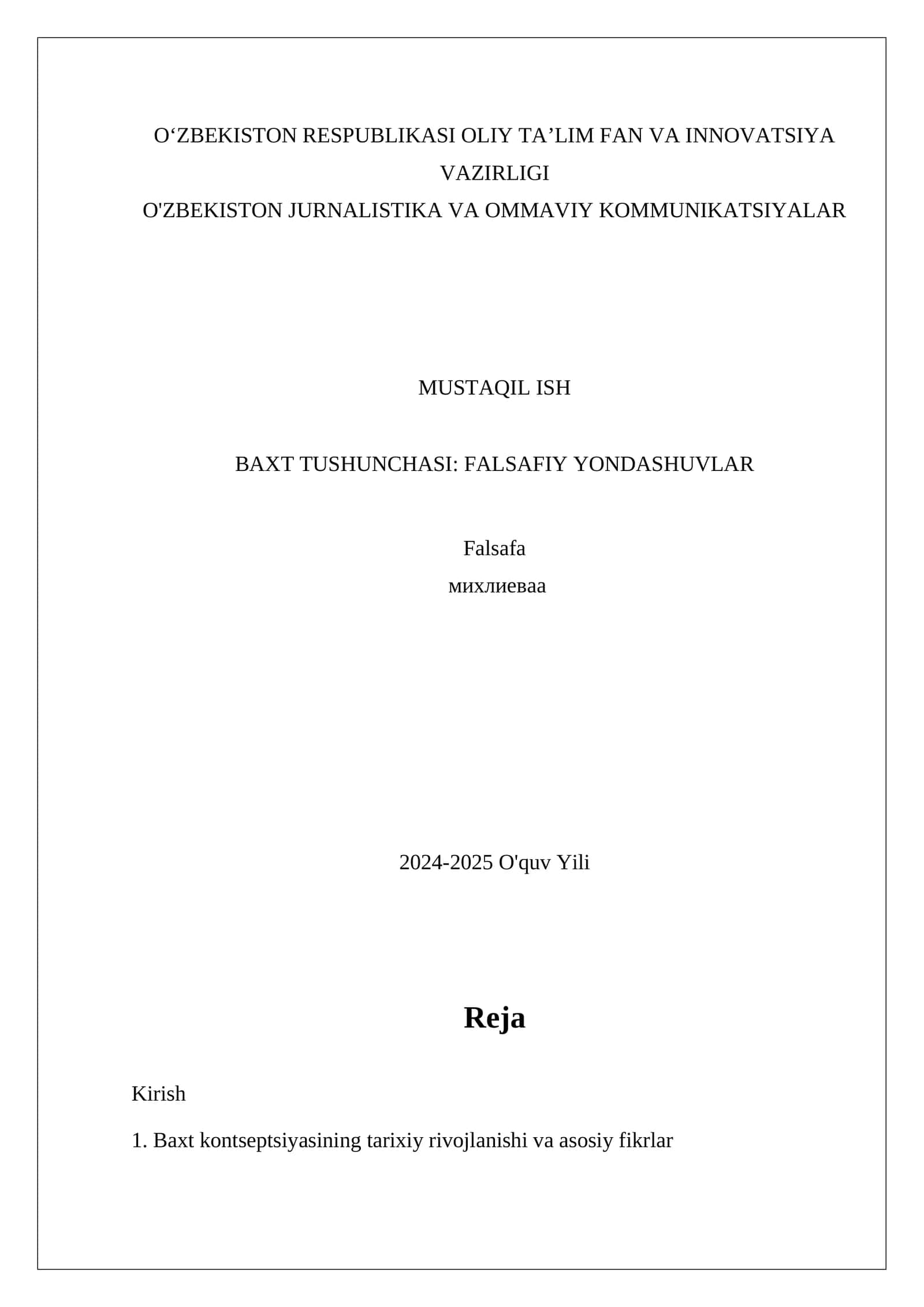 BAXT TUSHUNCHASI: FALSAFIY YONDASHUVLAR 1