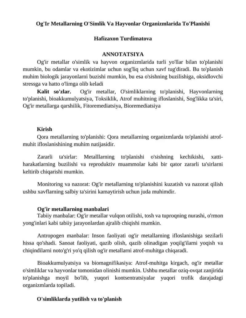 Og'Ir Metallarning O'Simlik Va Hayvonlar Organizmlarida To'Planishi 1